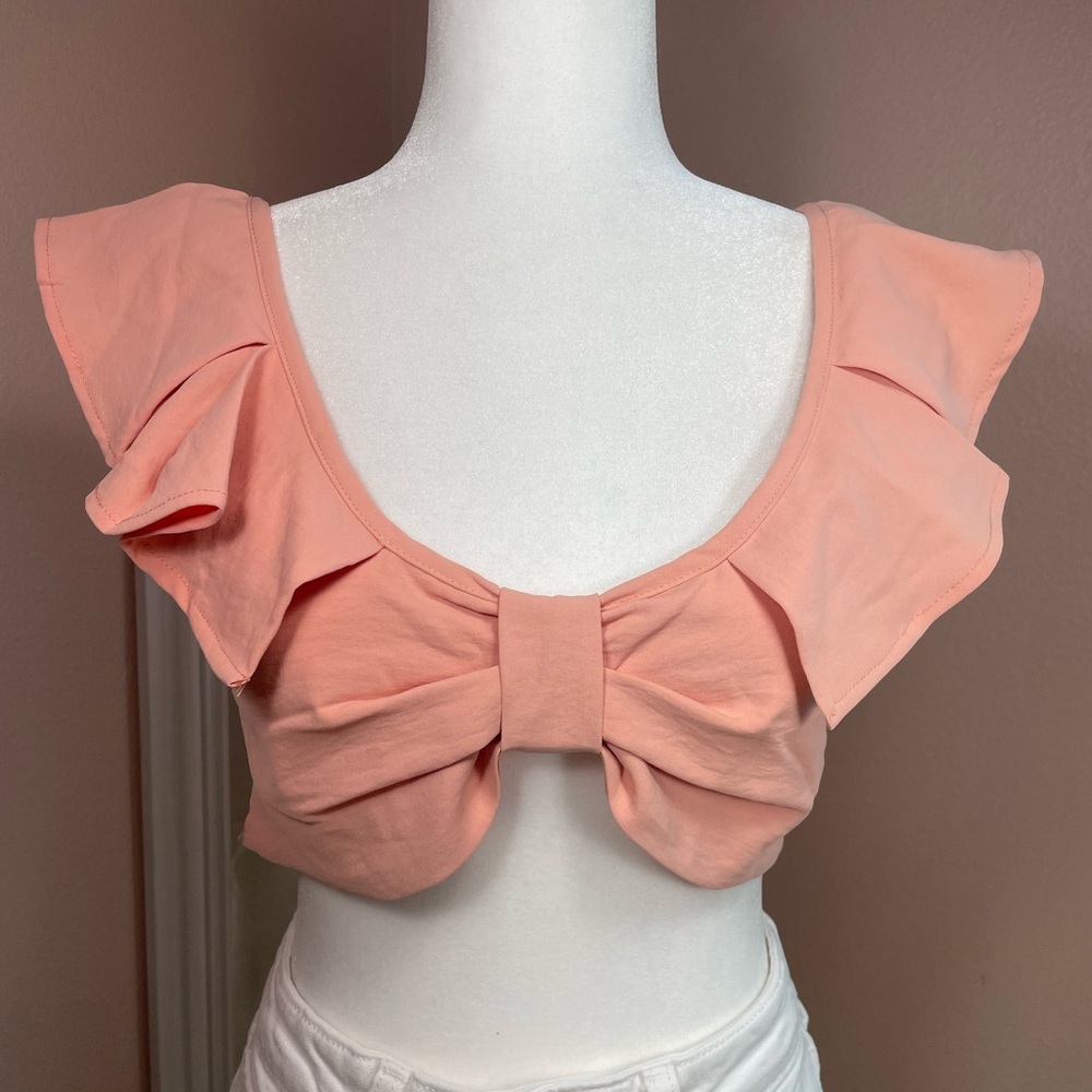 Peach Boho Crop Top Bow Front Ruffle Sleeve Smocked Back Festival M